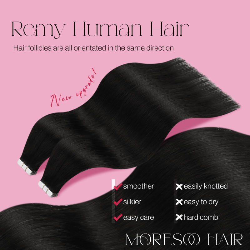 Moresoo Black Tape in Hair Extensions Real Human Hair 20Pcs Natural Black Hair Extensions Tape in 14 Inch 40G Staight Hair Glue in Extensions for Women Color #1B - Image 2